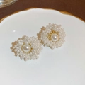 Elegant floral stud earrings featuring cluster of white pearls and golden weaving - 46# Silver Earring Post - White Micro Pearl Flower Cluster Stud