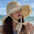 Beige woven sun hat with delicate lace trim and adjustable ties for outdoor beach vacations - Lace Edge Beige