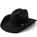 Classic black wool western cowboy hat with wide brim and engraved silver buckle detail - M(56-58CM) Adjustable / Black
