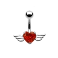 Silver belly button ring featuring a red heart gemstone and intricate wings design - Silver/Red Zirconia
