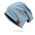 Slouchy checkered knit beanie in light blue with warm double-layer black lining - One Size / Navy Blue