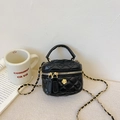 Quilted black cylinder handbag for girls with gold chain strap and floral accent - Black (9788)