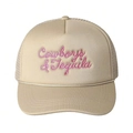 Beige trucker hat with pink Cowboys & Tequila embroidery and breathable mesh back - One Size / Beige/Pink Logo