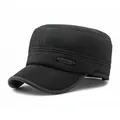 Classic black leather flat top cap with textured finish and side metal emblem - Adjustable / Soft PU Leather Black