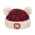 Winter kids hat featuring red leopard print with white faux fur pom poms and lion embroidery - Lion Dance Embroidery (Deep Red C)