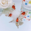 Exquisite gold butterfly hair clip with colorful crystals and white pompom detail - Mink Fur Ball Butterfly / White