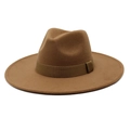 Brown wide-brimmed wool fedora hat with matching ribbon band decoration - M (56-58cm) / Light Coffee