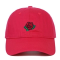 Close-up of detailed rose flower embroidery on red cotton twill baseball cap - One Size / Rose Red
