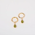 Gold-plated drop earrings with pear-cut olive green gemstones and beaded metal trim - August/Green