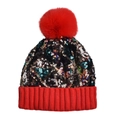 Berretto in maglia con paillettes arcobaleno, pompon di pelliccia rossa e risvolto caldo - Taglia unica / Rosso