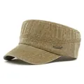 Flat top military cadet cap in washed khaki cotton canvas with metal logo plate detail - Khaki