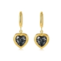 Elegant gold earrings with heart-shaped dark grey zircon stone and beaded metal border - Gold Black Heart Stone