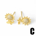Golden sunflower stud earrings with clear zircon stones and leaf detail for women - Sunflower Shape (C)