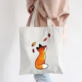 White fox canvas tote bag with artistic orange fox illustration for daily casual shopping - Style C6-Fox Watching Leaves