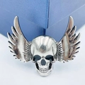 Gothic punk style winged skull brooch in antique silver finish for Halloween jewelry - Silver Bat Wings