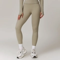 High-waist seamless yoga leggings set in light khaki with thumbhole long sleeves - S / Bottoms / Camel Brown