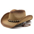 Detailed view of woven straw cowboy hat with beaded band and adjustable wind rope - M (56-58cm) / Khaki Coffee