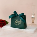 Detail of dark green paper gift bag with golden Thank You text and a wide ribbon bow - Small / Dark Green THANK YOU (Green Ribbon)