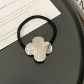 Minimalist silver clover hair tie with geometric texture on black elastic band - 11# Silver Wrinkle Flower