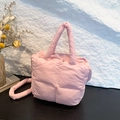 Pink puffy quilted tote bag with soft handles and shoulder strap for casual winter style - Pink