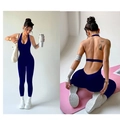 Tuta da yoga blu scuro senza cuciture con scollo all'americana e schiena scoperta - M / Tuta Lunga Regolare / Blu navy