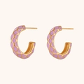 C-shaped 18K gold plated earrings with purple enamel lattice pattern for women - Quilted Enamel Hoop Earrings - Lavender Purple