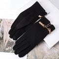 Women's black thermal gloves with touch screen embroidery and golden horsebit buckle - One Size / Black