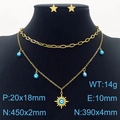Parure de bijoux dorés avec collier multicouche œil bleu et boucles d'oreilles étoile - Parure Pendentif Mauvais Œil Étoilé (KS203543-MW)
