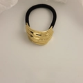 Minimalist black hair tie with textured golden metal crescent accent in a wave finish - Faux Double Row Curved Embossed Gold