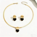 Modern gold snake chain necklace and heart stud earrings with black finish - Black Heart Brushed Style (Gold)