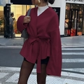 Elegante blazer bordeaux a maniche lunghe con cintura in vita da donna stile casual - S / Borgogna