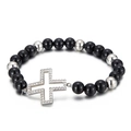 Elastic beaded bracelet with black onyx beads and silver hollowed-out zircon cross - Silver Cross Style (KB59062-Z)