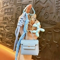 Light blue mini leather bag keychain, cute coin purse and balloon dog charm set for women. - Blue