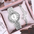Silbernes Strass-Quarzuhren-Set mit Sternblumenarmband in einer rosa Geschenkbox - 2318 Silberne Uhr + Armband + Box