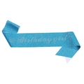Sparkling blue glitter birthday girl sash with silver crown and elegant lettering - Birthday Girl / Lake Blue Glitter