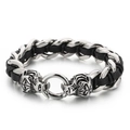 Herrenarmband aus Titanstahl mit Tigerkopf-Anhängern und schwarzem Ledergeflecht - Schwarzes Leder (KB43899-D)
