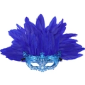 Máscara veneciana con plumas azul eléctrico y base metálica cortada con láser - Zorro de Plumas Azules
