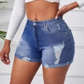 Women's high waist ripped denim shorts in classic medium blue wash with frayed hem - S / Blue