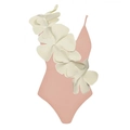 Pink V-neck one-piece swimsuit with large 3D white flower decoration for women - S / Pink Swimsuit Only