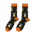Detail view of cotton crew socks with vibrant pineapple print and orange contrast heels - One Size / A779-Pineapple Black