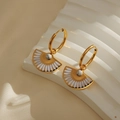 Elegant 18k gold plated fan-shaped drop earrings with white shell inlay and marble bead - White Enamel Fan