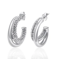 Pendientes de doble aro plateados en forma de C con pavé de cristales brillantes - Oro de 18K / Color Acero