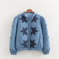 Women's light blue quilted jacket with dark blue floral patches and puff sleeves - S / Blue