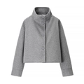 Short grey wool blend jacket with high collar and front buttons on white background - Gray
