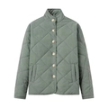 Detailed view of green diamond quilted jacket featuring a stand collar and button closure - S / Green