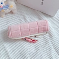 Detail of pink quilted plush pencil case showing soft texture and storage capacity - Pink (Pink Zipper)