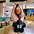 Cute black leather flower keychain with large cartoon eyes and black coil lanyard - Black-Sunflower