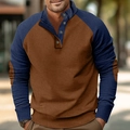 Men's contrast long sleeve Henley shirt with ribbed texture in brown and navy blue color - S / Tops / Coffee/Navy