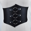 Cinturón corsé elástico de cuero PU negro con tres anillos de metal plateado para mujer - Estilo de Hebilla Redonda Grande (Z-8206)