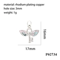 Silver winged key pendant in rhodium plating copper with pink and blue details - P02734-Silver Winged Key
